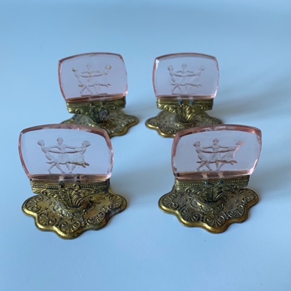 Antique Czech Glass Place Cards Holders: Set of 4, Pink Intaglio Glass - Picture 6 of 11